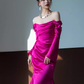 Sexy Mermaid Off The Shoulder Hot Pink Long Sleeves Prom Dresses Satin Birthday Outfits C240
