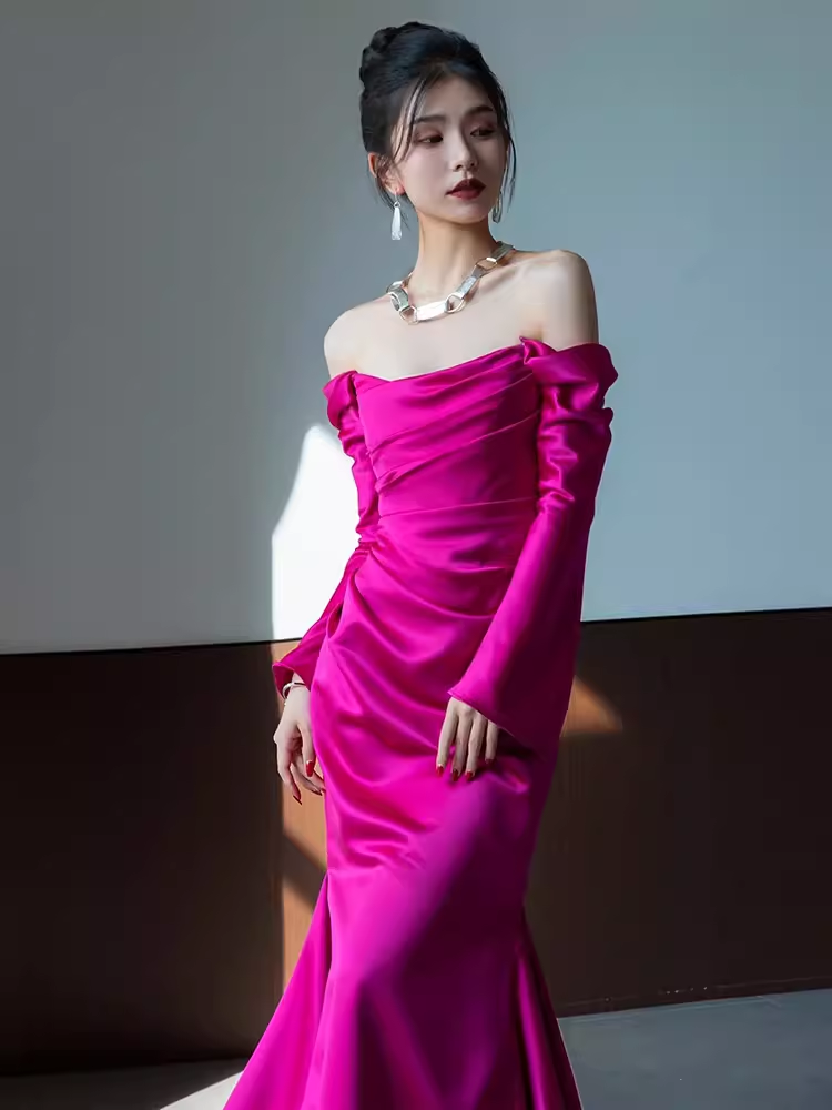 Sexy Mermaid Off The Shoulder Hot Pink Long Sleeves Prom Dresses Satin Birthday Outfits C240