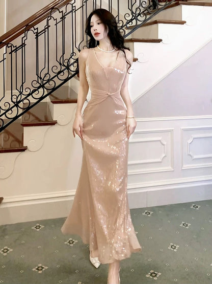 Gorgeous Mermaid V Neckline Sequin Champagne Long Prom Dresses Evening Dress C2411