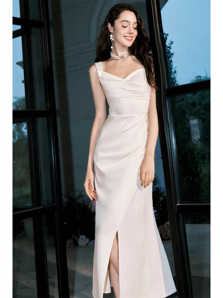 Classy Sheath Straps Sleeveless Ivory Satin Knee Length Prom Dresses Evening Dress C2415