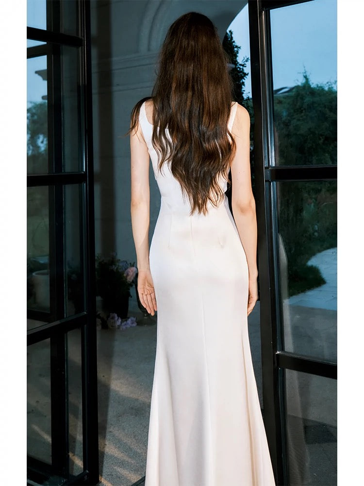 Classy Sheath Straps Sleeveless Ivory Satin Knee Length Prom Dresses Evening Dress C2415