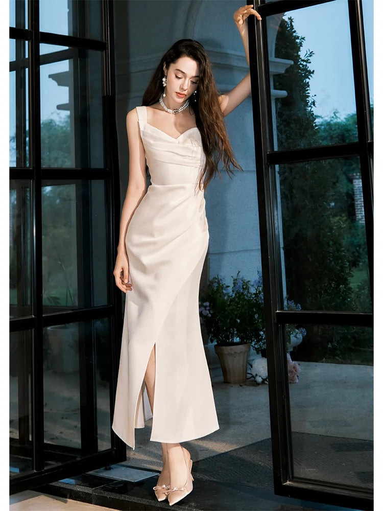 Classy Sheath Straps Sleeveless Ivory Satin Knee Length Prom Dresses Evening Dress C2415