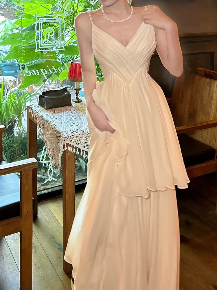 Classy A Line Spaghetti Straps Ivory Chiffon Long Prom Dresses Evening Dress With Layers C2417