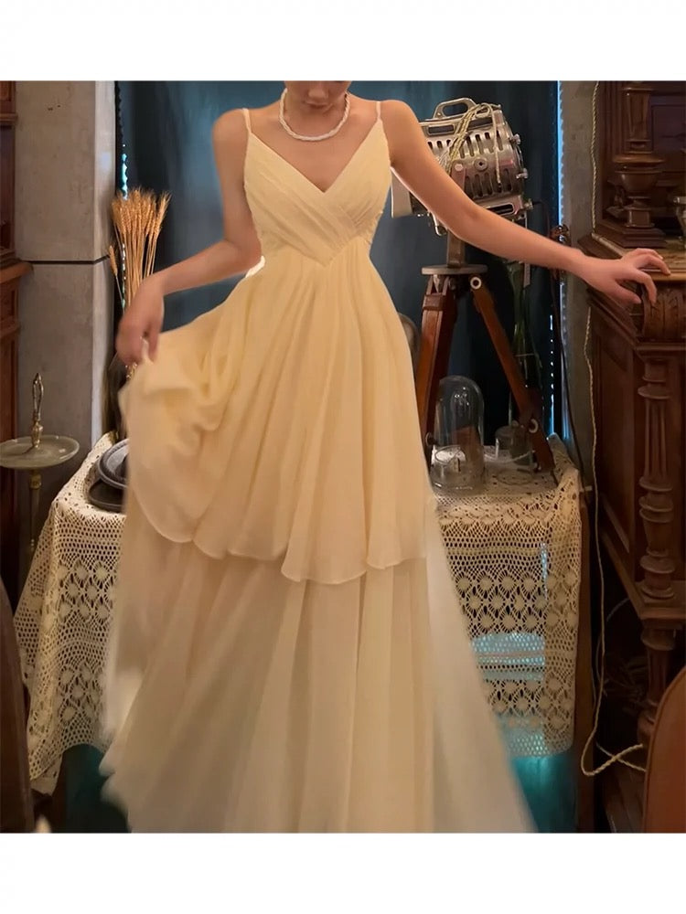 Classy A Line Spaghetti Straps Ivory Chiffon Long Prom Dresses Evening Dress With Layers C2417