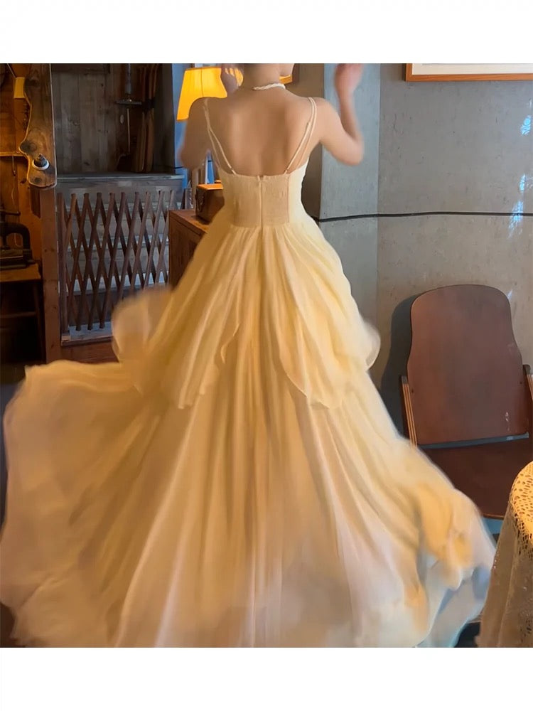 Classy A Line Spaghetti Straps Ivory Chiffon Long Prom Dresses Evening Dress With Layers C2417