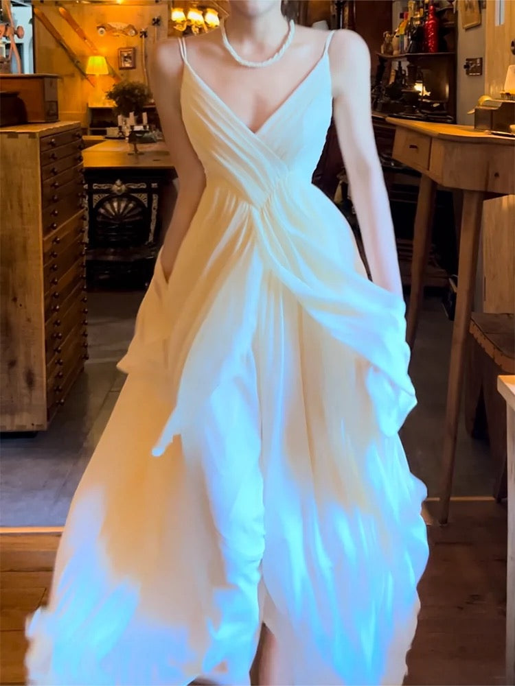 Classy A Line Spaghetti Straps Ivory Chiffon Long Prom Dresses Evening Dress With Layers C2417