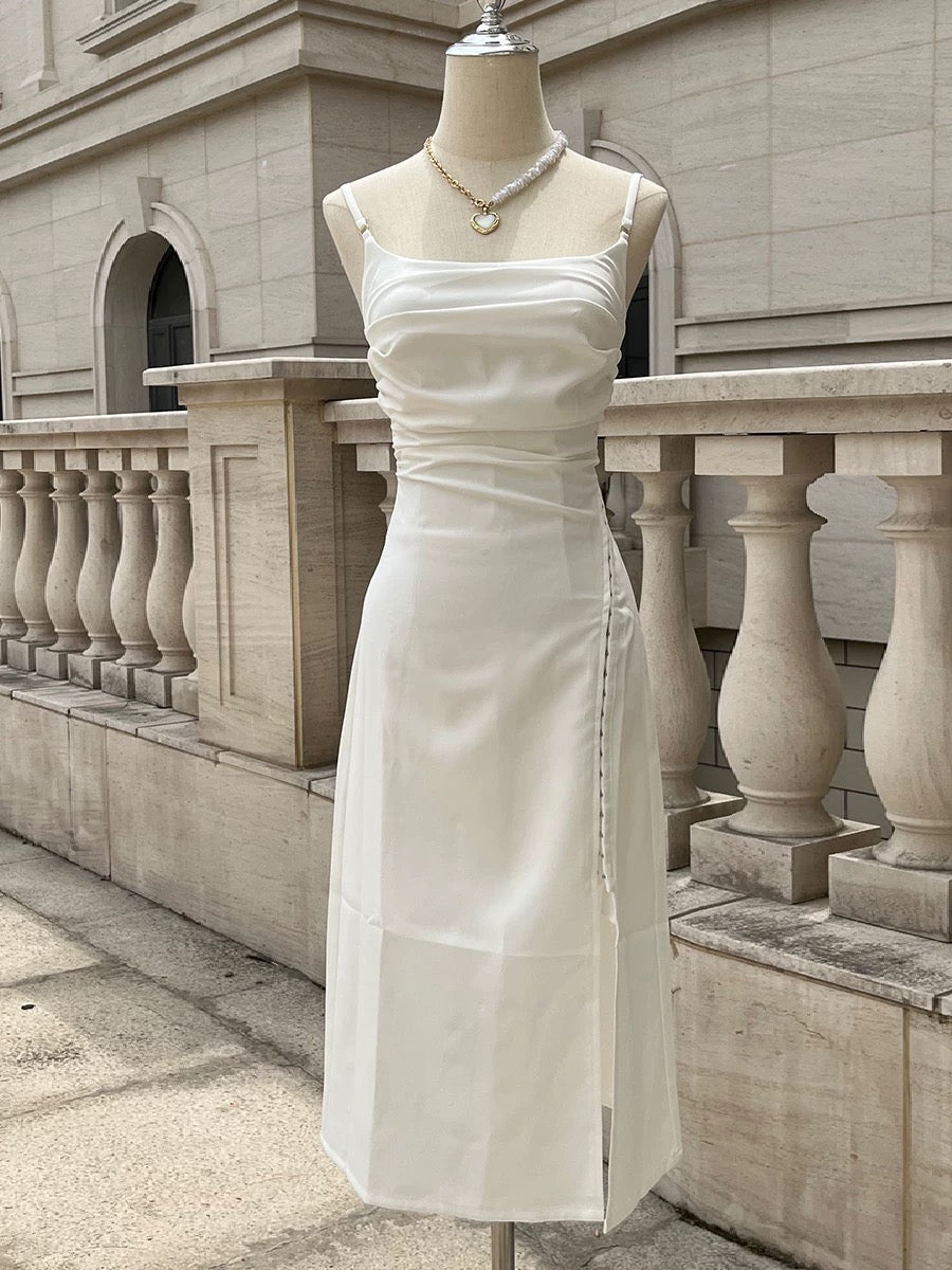 Classy A Line Spaghetti Straps Ivory Chiffon Tea Length Prom Dresses Evening Dress With Split C2421