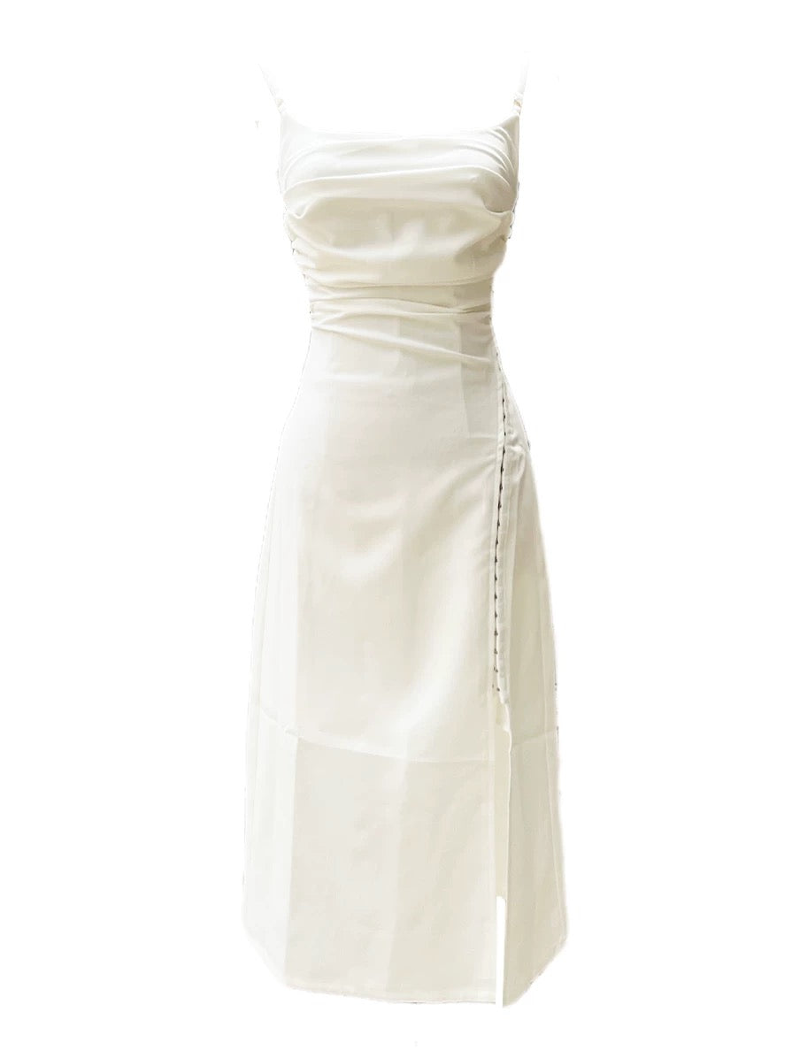 Classy A Line Spaghetti Straps Ivory Chiffon Tea Length Prom Dresses Evening Dress With Split C2421