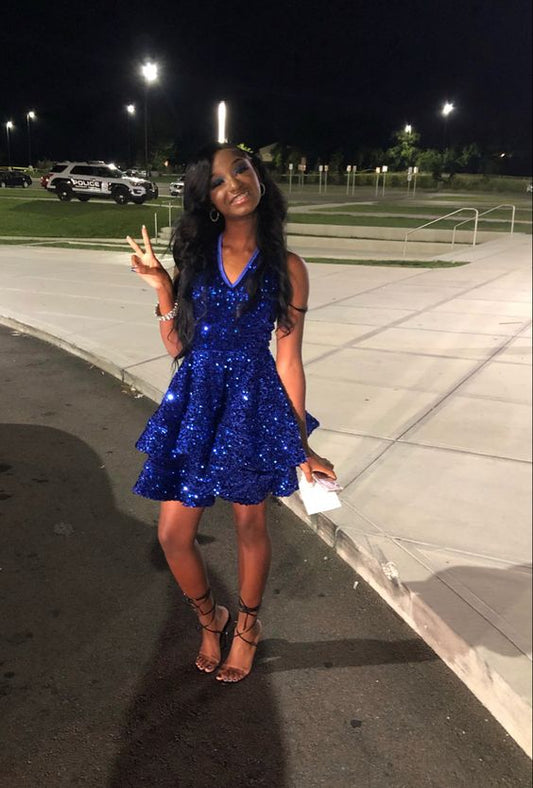 Sexy Women Royal Blue Sequin Homecoming Dress A line Spaghetti Straps With Ruffles C2427