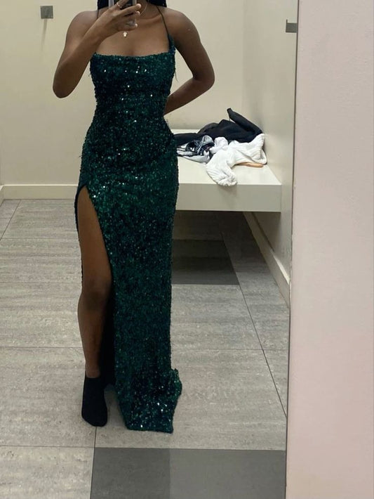 Robe de bal longue fendue à bretelles spaghetti et à sequins verts C2449