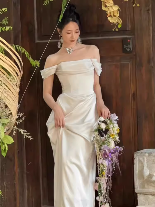 Simple A line Off The Shoulder Satin Ruffles Long White Wedding Dresses C244