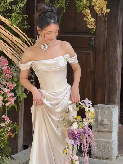 Simple A line Off The Shoulder Satin Ruffles Long White Wedding Dresses C244