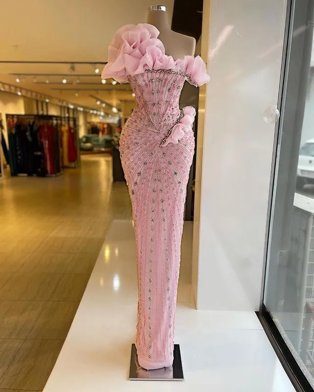 Sexy Sheath Strapless Pink Long Prom Dresses Evening Dress With Beads C2460