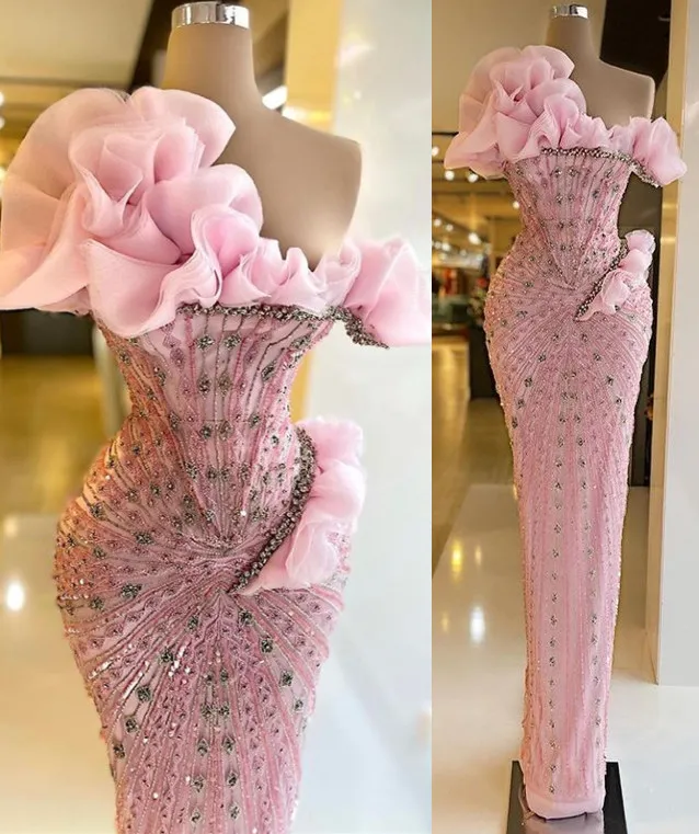 Sexy Sheath Strapless Pink Long Prom Dresses Evening Dress With Beads C2460
