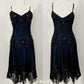 Classic A Line Spaghetti Straps Beads Black Chiffon Prom Dress With Ruffles C2476