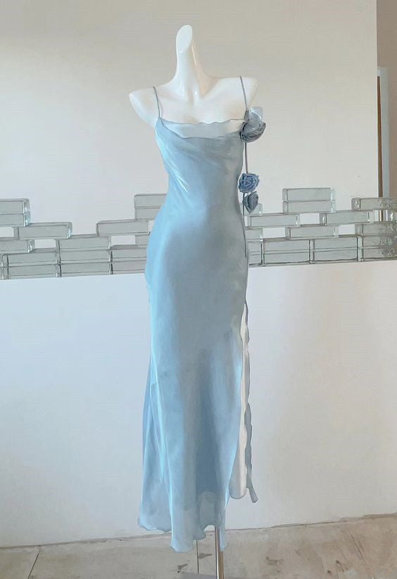 Classic Sheath Spaghetti Straps Light Sky Blue Prom Dress With Flower C2478