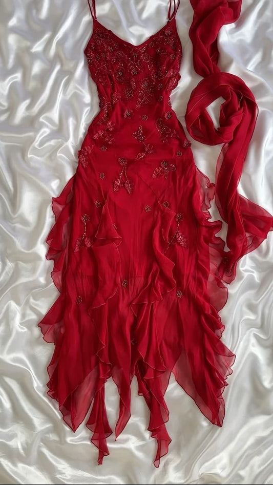 Robe de soirée sexy à bretelles spaghetti sans manches bordeaux C2498