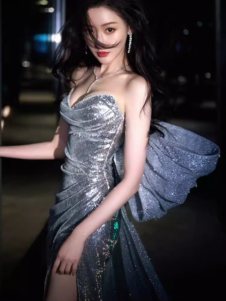 Sexy Mermaid Strapless Sequin Silver Slit Prom Dresses Long Birthday Outfits C252