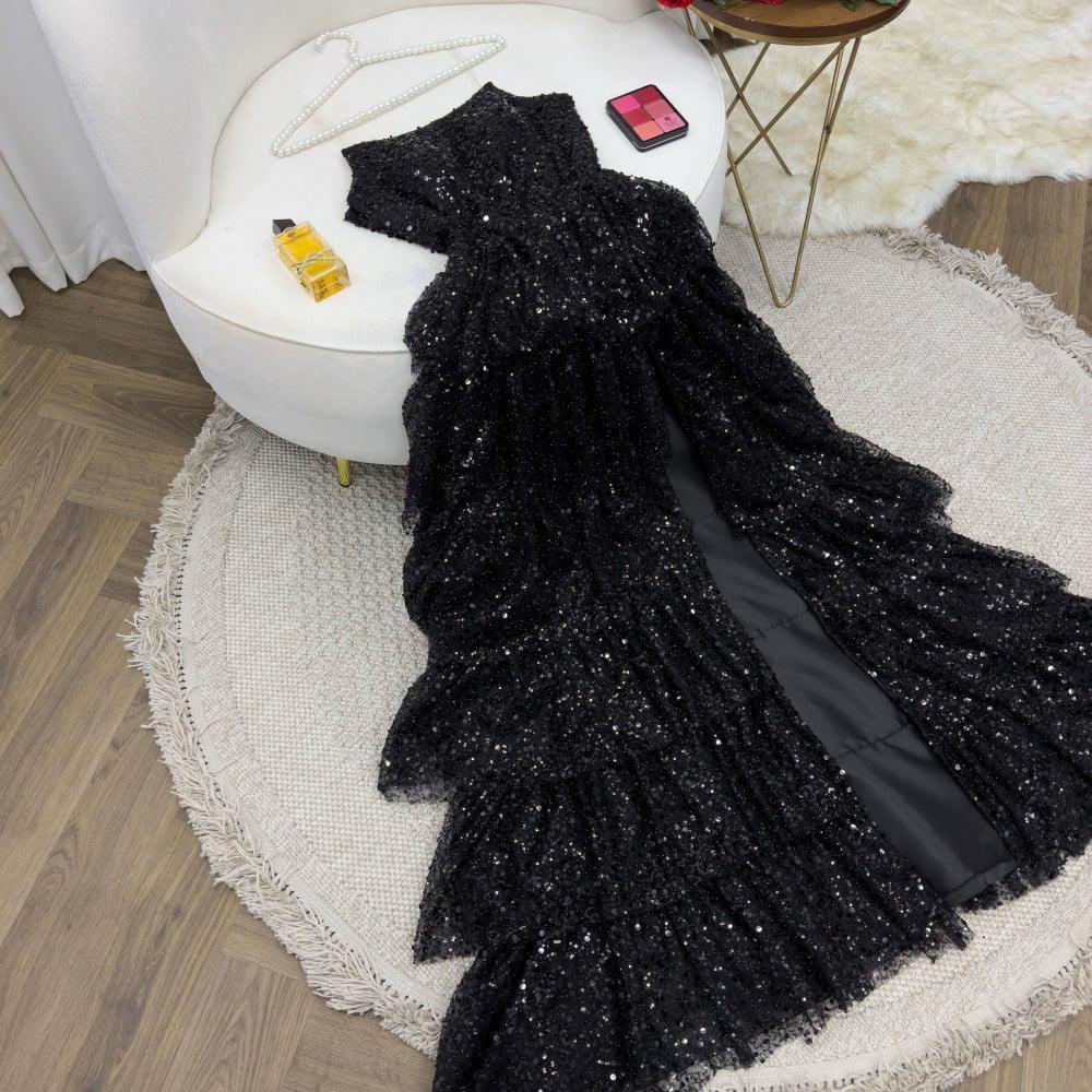 Robe de bal modeste sans bretelles à paillettes noires, longueur au sol, fente, robes de soirée C2530