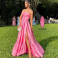 Classy Ball Gown Strapless Pink Floor Length Satin Slit Prom Dresses Prom Gowns C2533