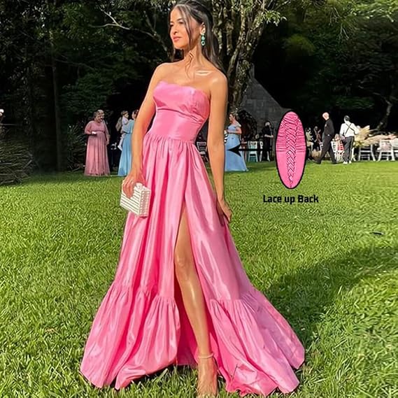 Classy Ball Gown Strapless Pink Floor Length Satin Slit Prom Dresses Prom Gowns C2533