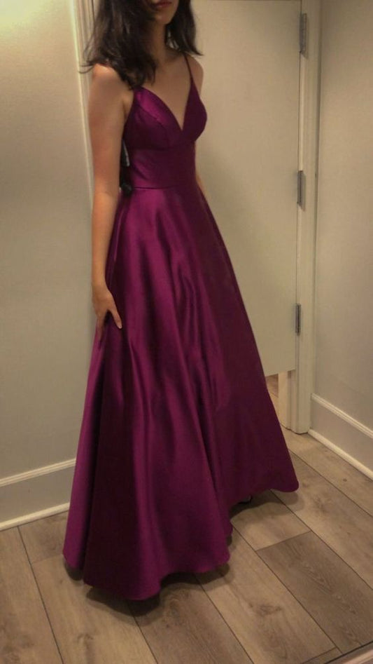 Robe de bal noire en satin à bretelles spaghetti et longueur au sol en raisin, élégante, ligne A, robes de bal C2535