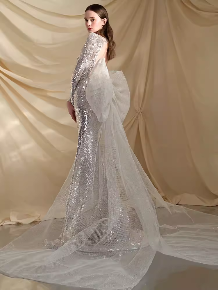 Sexy Mermaid Scoop Neckline Silver Sequin Prom Dresses Long Birthday Outfits C254
