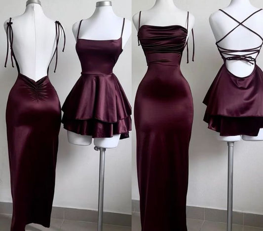 Jolie robe fourreau à bretelles spaghetti bordeaux dos nu robe de bal robe de fête d'anniversaire C2558