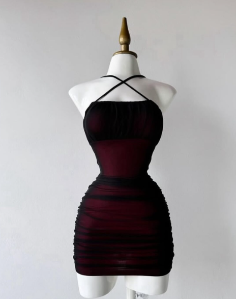 Robe de soirée fourreau simple noire bordeaux à licou, robe de cocktail courte à volants C2559