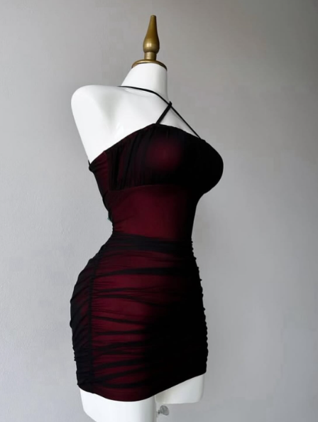 Robe de soirée fourreau simple noire bordeaux à licou, robe de cocktail courte à volants C2559