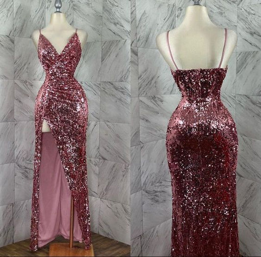 Robe de soirée longue à paillettes et bretelles spaghetti, jolie robe fourreau fendue à paillettes C2567
