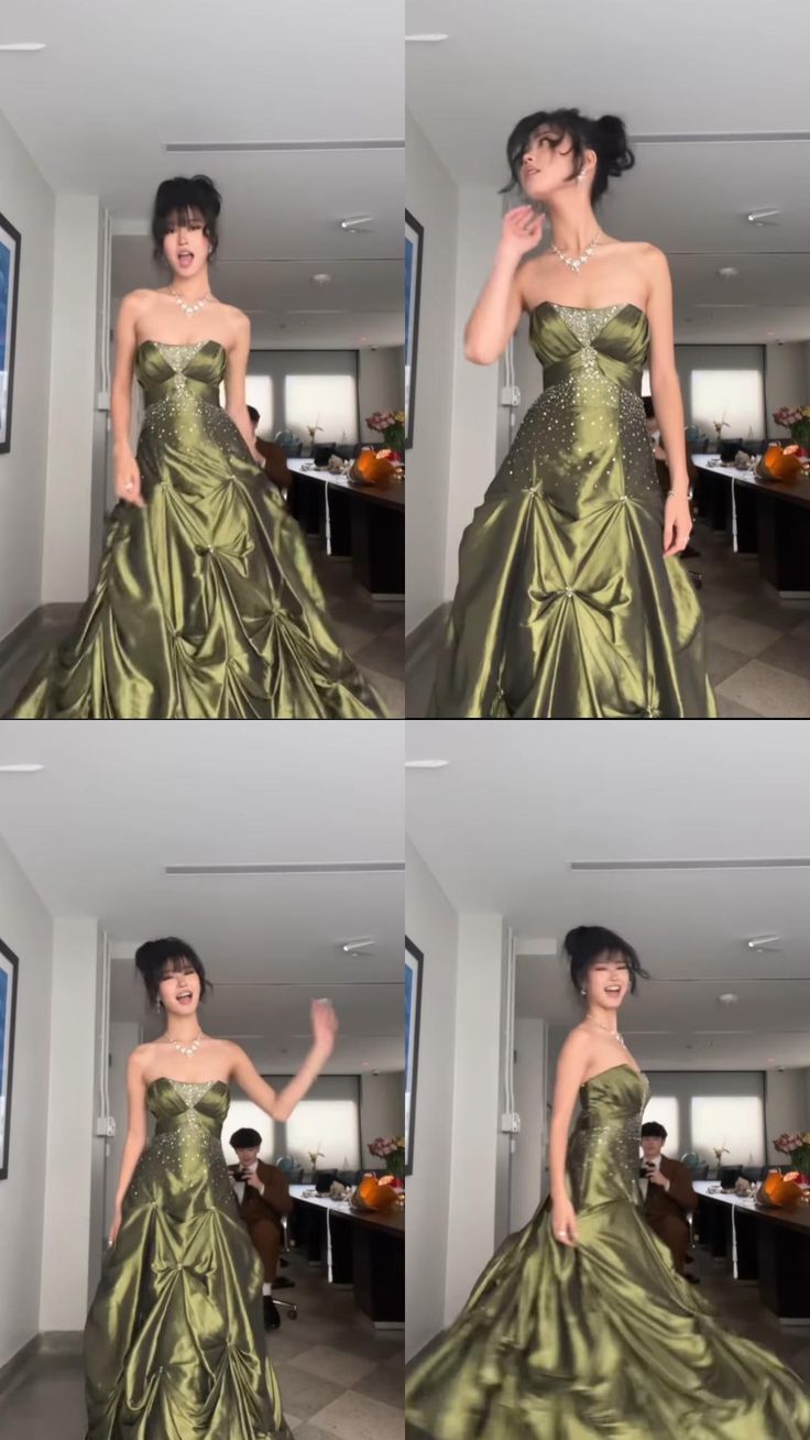 Jolie robe de bal bustier en satin vert longue avec perles argentées C2580