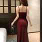 Fancy Sheath Straps Burgundy Black Long Prom Dresses C2581
