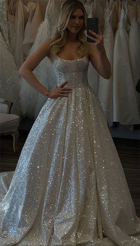 Robe de soirée longue à paillettes blanches à bretelles spaghetti en ligne A fantaisie C2586