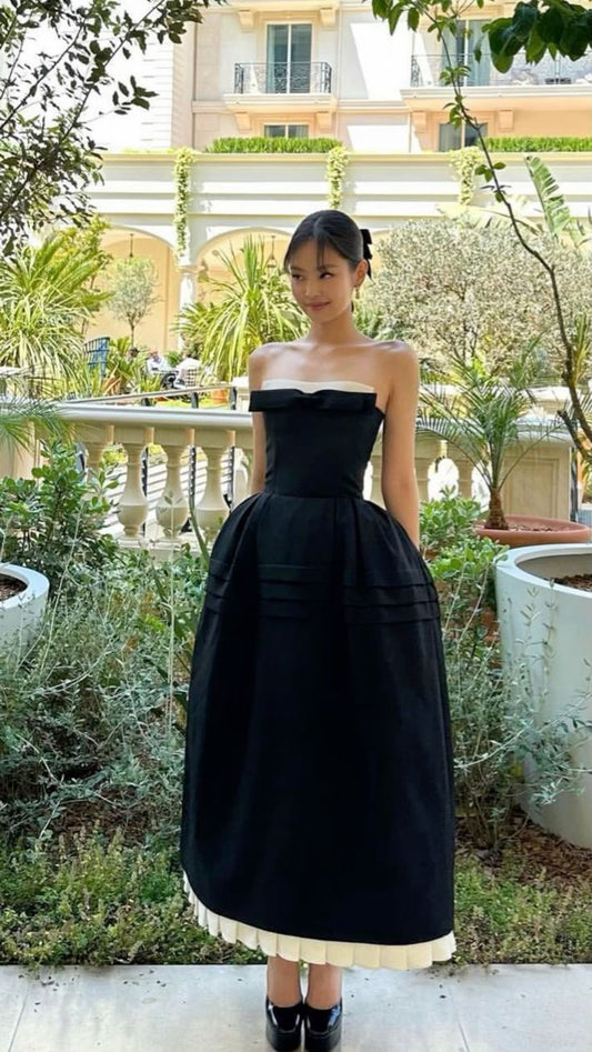 Cute Ball Gown Strapless Black Satin Ankle Length Prom Dresses With Ruffles Evening Dress C2599