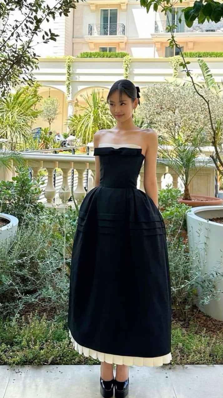 Cute Ball Gown Strapless Black Satin Ankle Length Prom Dresses With Ru ...