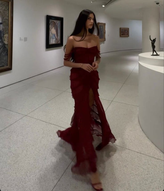 Robe de soirée sexy fourreau sans bretelles en mousseline de soie rouge longueur au sol C2601