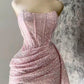 Robe de soirée sexy à paillettes roses sans bretelles et fourreau, tenue d'anniversaire courte C2607
