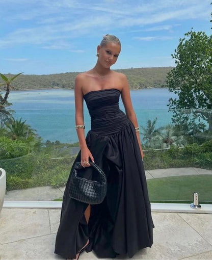 Fancy Sheath Strapless Satin Slit Black Sexy Long Prom Dresses C2624