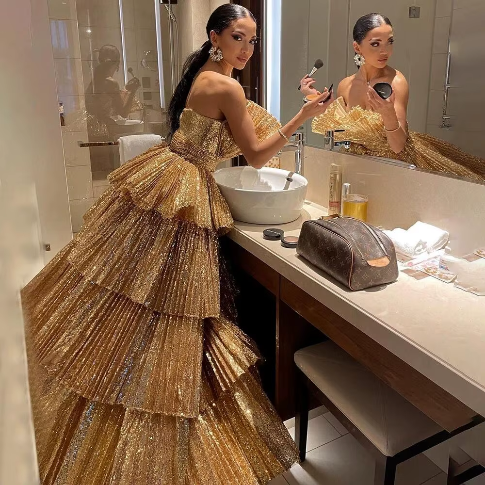 Fancy Ball Gown Strapless Gold Sequin Long Prom Dresses Evening Dress C2627
