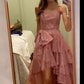 Fancy High Low Strapless Pink Sequin Long Prom Dresses Evening Dress C2629