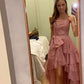 Fancy High Low Strapless Pink Sequin Long Prom Dresses Evening Dress C2629