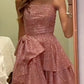 Fancy High Low Strapless Pink Sequin Long Prom Dresses Evening Dress C2629