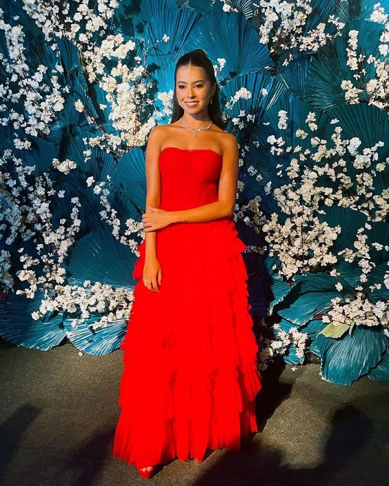 Fancy A Line Strapless Red Tulle Long Prom Dresses Ruffles Evening Dress C2631