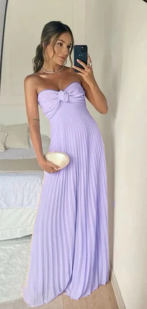 Robe de soirée longue en mousseline de soie rose clair sans bretelles avec volants C2646