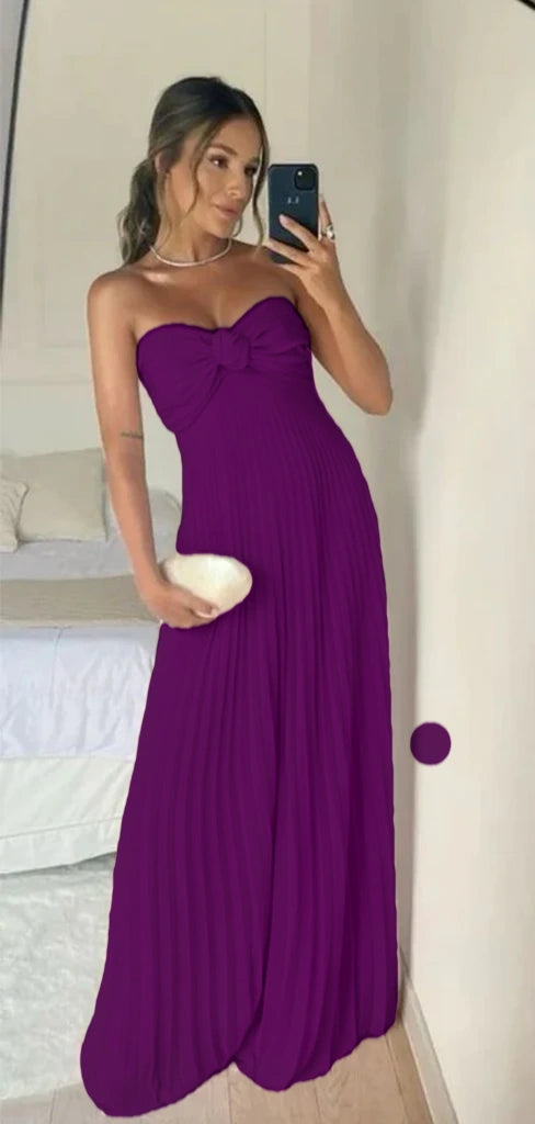 Robe de soirée longue en mousseline de soie rose clair sans bretelles avec volants C2646
