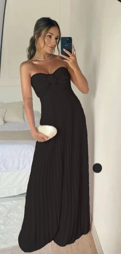 Robe de soirée longue en mousseline de soie rose clair sans bretelles avec volants C2646