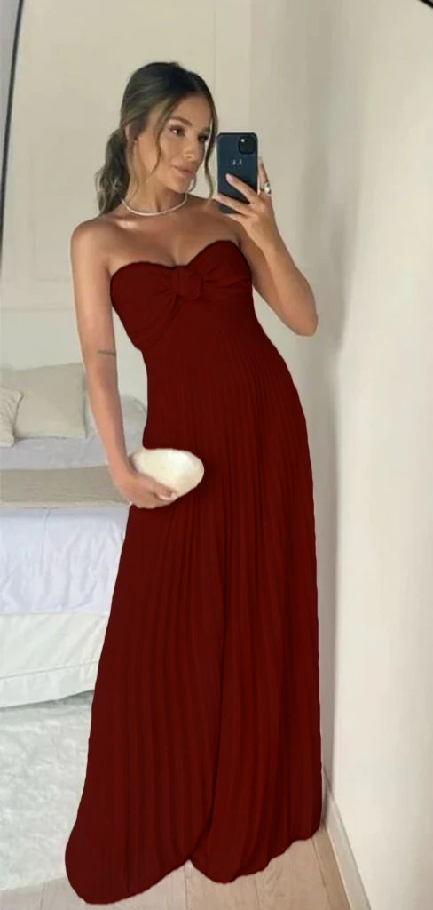 Robe de soirée longue en mousseline de soie rose clair sans bretelles avec volants C2646