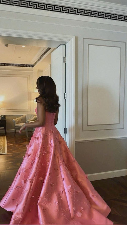 Classy A Line Sweetheart Light Pink Satin Long Prom Dresses Evening Dress With Beads Flowers C2647