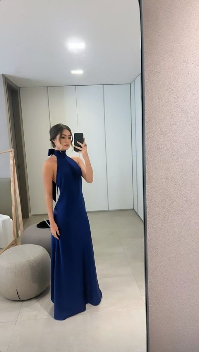 Classy A line High Neckline Streachable Satin Navy Blue Long Prom Dresses Evening Dress C2653